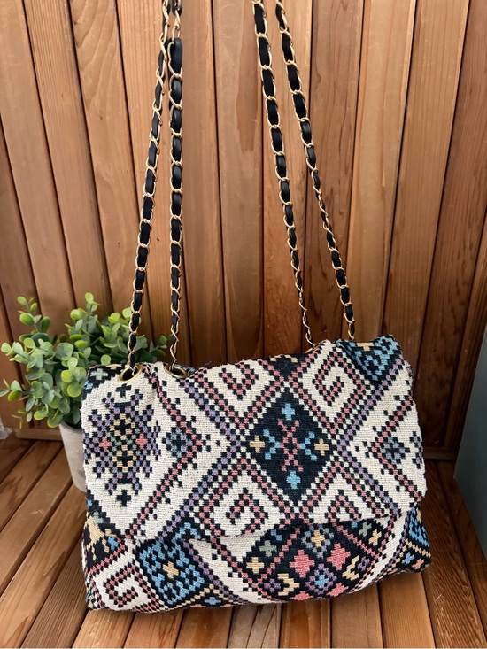 Handbags - Boho Tapestry Crossbody and Convertible Shoulder Purse in Woven Geometric Print